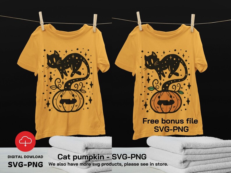 May include: A yellow t-shirt featuring a black cat perched atop a pumpkin. The cat has a starry tail and the pumpkin has a spooky face. The text "Free bonus file SVG-PNG" is printed on the bottom of the shirt.