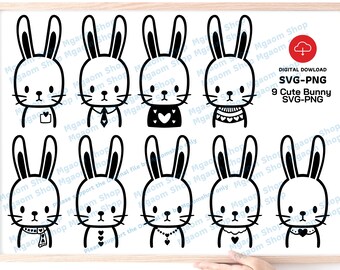 Puede incluir: Nueve ilustraciones en blanco y negro de conejos lindos en varias poses. Cada conejo tiene un accesorio diferente, como una bufanda, una corbata, un collar o un corazón. Las ilustraciones son perfectas para proyectos de manualidades, scrapbooking o diseño digital.