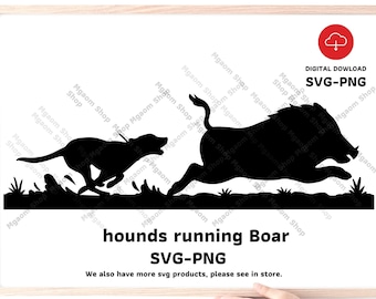 Puede incluir: Silueta en blanco y negro de un jabalí corriendo con dos perros que lo persiguen. La imagen está sobre un fondo blanco con hierba y arbustos en la parte inferior.