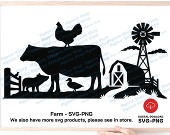 Op de afbeelding: Zwart silhouet van een boerderijscène met een koe, een varken, een eend en een kip. Bevat een schuur, een windmolen en een hek. De tekst "Farm - SVG-PNG" staat onderaan.