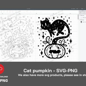May include: Black and white silhouette of a cat sitting on top of a pumpkin. The cat's tail is curled around the pumpkin stem. The pumpkin has a jack-o'-lantern face. The image is surrounded by stars and swirls.
