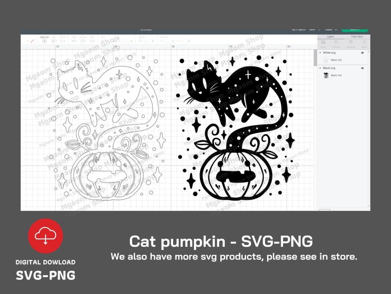 May include: Black and white silhouette of a cat sitting on top of a pumpkin. The cat's tail is curled around the pumpkin stem. The pumpkin has a jack-o'-lantern face. The image is surrounded by stars and swirls.