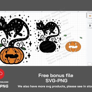 May include: Black cat with a starry tail growing out of a jack-o'-lantern. The cat is in a crouching position with its tail curled around the pumpkin. The pumpkin has a carved face with a wide smile and two eyes.