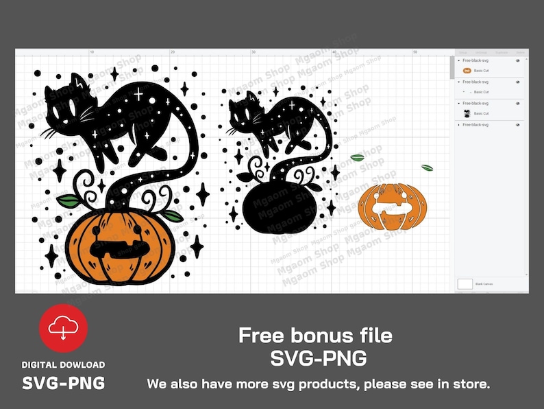 May include: Black cat with a starry tail growing out of a jack-o'-lantern. The cat is in a crouching position with its tail curled around the pumpkin. The pumpkin has a carved face with a wide smile and two eyes.