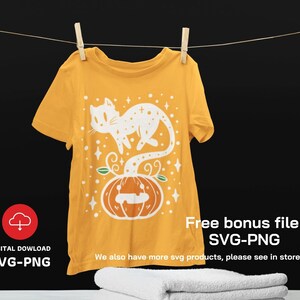 May include: A yellow t-shirt featuring a white graphic of a cat perched on a pumpkin. The text "Free bonus file SVG-PNG" and "We also have more svg products, please see in store." is printed on the shirt.