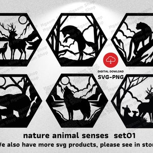 Nature Animal SVG Bundle: Deer, Bear, Cougar, Wolf (SVG, PNG)