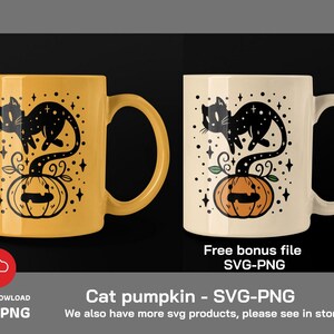 May include: A yellow mug featuring a black cat silhouette perched atop a pumpkin. The cat has a starry tail and the pumpkin has a spooky face. The mug is a digital download and includes a free bonus file.