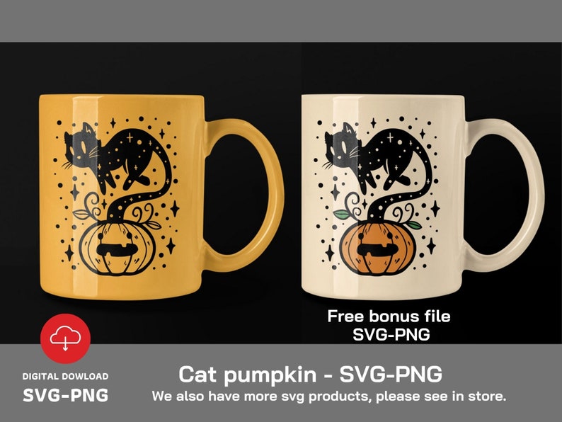 May include: A yellow mug featuring a black cat silhouette perched atop a pumpkin. The cat has a starry tail and the pumpkin has a spooky face. The mug is a digital download and includes a free bonus file.