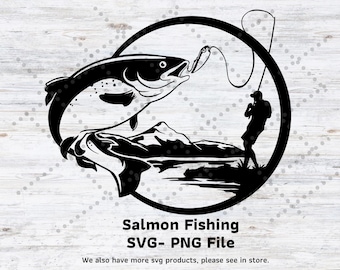 Salmon Fishing SVG File: Fisherman Mountain Design (Digital Download)