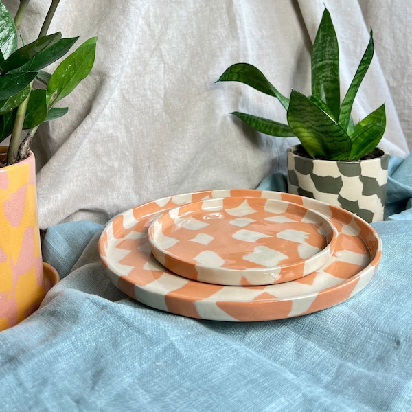 Ceramic plate ORANGE MARBLE / Colorful stoneware plate / Dessert plate / Dinner plate / Nerikomi ceramics / Handmade tableware