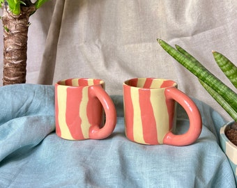 Ceramic Mug STRAWBERRY BANANA / Handmade coffee mug / Colourful stoneware mug / Unique tea cup / Office mug / Pink and yellow stripes mug