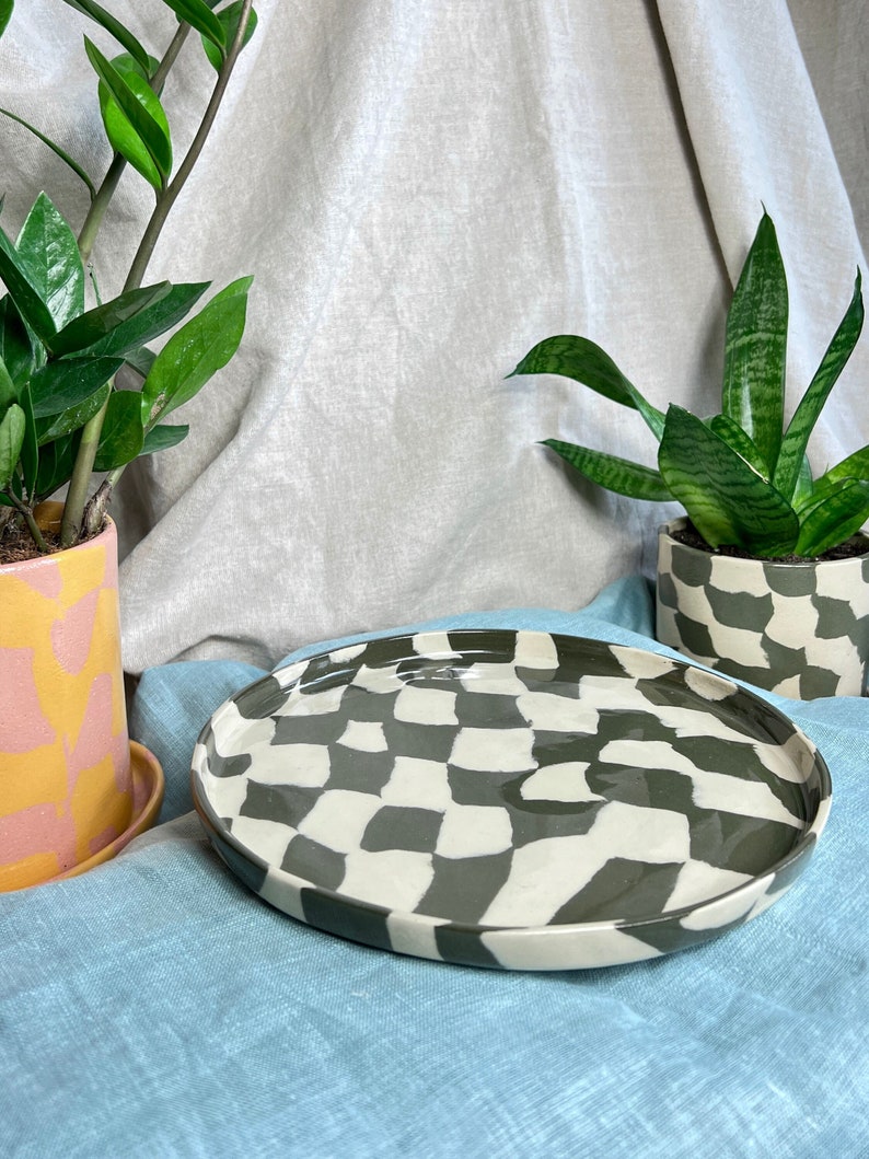 Ceramic Plate DARK GREEN MARBLE / Colorful stoneware plate / Dessert Plate / Dinner Plate / Handmade tableware / Coaster / Saucer image 1