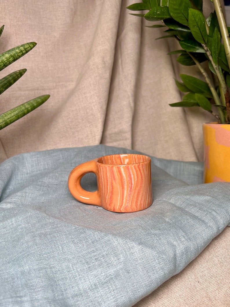 Ceramic Espresso Cup WAVES / Handmade coffee cup / Nerikomi ceramic mug / Unique stoneware cup / Office mug ORANGE