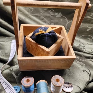 unique pincushion caddy,country sewing box,sewing accessories,sewing friend gift,pincushion ruler box,handmade sewing gift,oneofakind box
