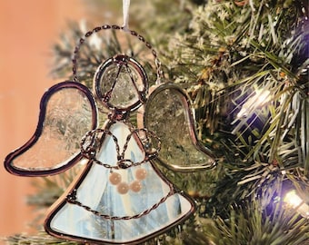 Stained glass angel, stained glass ornament, holiday gift ornament, folk art glass angel, remembrance angel,