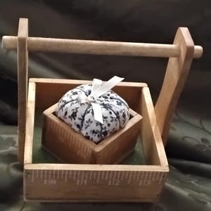 unique pincushion caddy,sewing companion, quilting friend, oneofakind sewing box,handmade sewing box, travel sewing caddy, wooden sewing box
