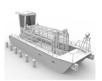 May include: A white, industrial-style boat with a large, open cage in the middle. The boat has a small cabin at the front and a ladder on the side. There are several white buoys attached to the side of the boat.