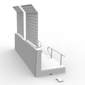 May include: A grey architectural model showing a wall section with two angled, grid-like panels. A small platform with a railing and a detached piece are also visible. The design is minimalist and modern.
