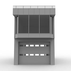 Könnte beinhalten: Ein graues, zweistöckiges Gebäude mit einem Garagentor im Erdgeschoss und großen Fenstern im Obergeschoss. Das Gebäude hat ein Flachdach mit einem Geländer. Das Garagentor hat rechteckige Aussparungen.