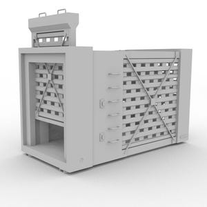Peut inclure: Une cage industrielle en métal gris avec une porte à charnières et une grille en métal. La cage est de forme rectangulaire et est faite de métal robuste.