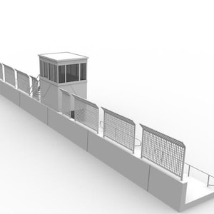 May include: A gray, architectural model of a guard tower and surrounding wall. The tower has a square shape with windows and a flat roof. Metal fences are attached to the wall, and a ramp with a handrail leads down from the structure.