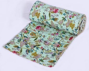 Tropical Kantha Quilt in Queen Size  Indian Handmade Kantha Bedding Coverlet Bohemian Kantha Blanket