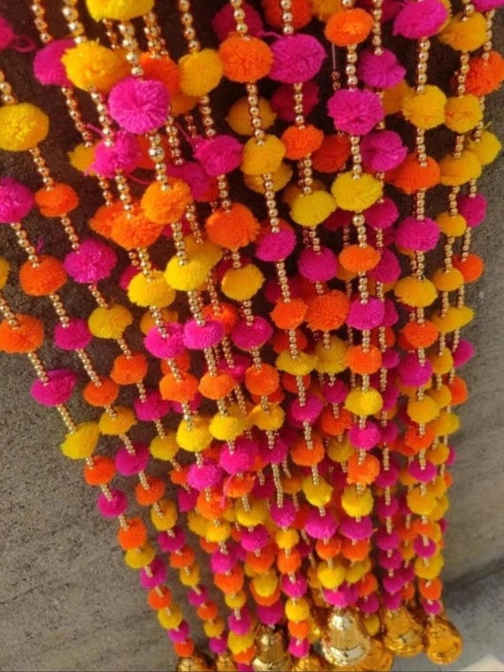 50 PC FREE SHIPPING Multicolor Indian Christmas Wedding Party Decoration, Mehndi Decor, Backdrop,Pom Pom, Gota Hangings.