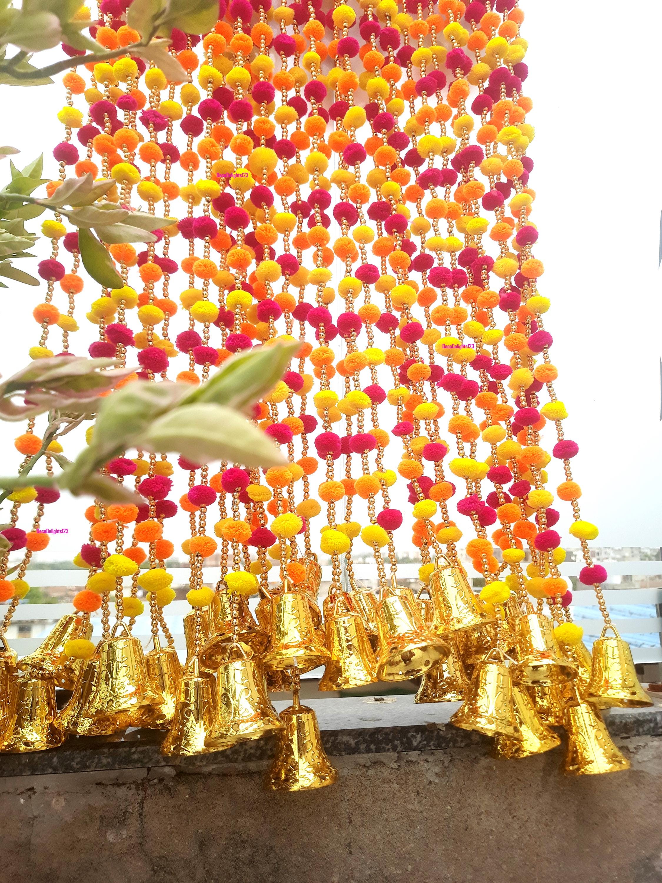 500 pc FREE SHIPING Pom pom Wedding Backdrop Decor Bell String,Indian Handmand Bell Garlands, Indian Wedding Mehndi Sangeet Haldi Decor,