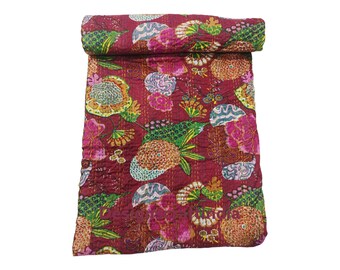 Tropical Kantha Quilt in Queen Size  Indian Handmade Kantha Bedding Coverlet Bohemian Kantha Blanket