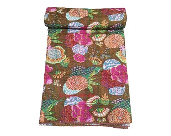 Couette Kantha tropicale en Queen Size Indian Handmade Kantha Literie Coverlet Boho Kantha Blanket