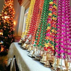 Può includere: Una ghirlanda di campanelle decorative con pompon colorati. Le campanelle sono argentate e i pompon sono rossi, verdi, gialli e rosa.