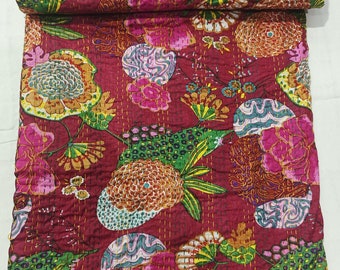maroon color Tropical Kantha Quilt in Queen Size  Indian Handmade Kantha Bedding Coverlet Bohemian Kantha Blanket