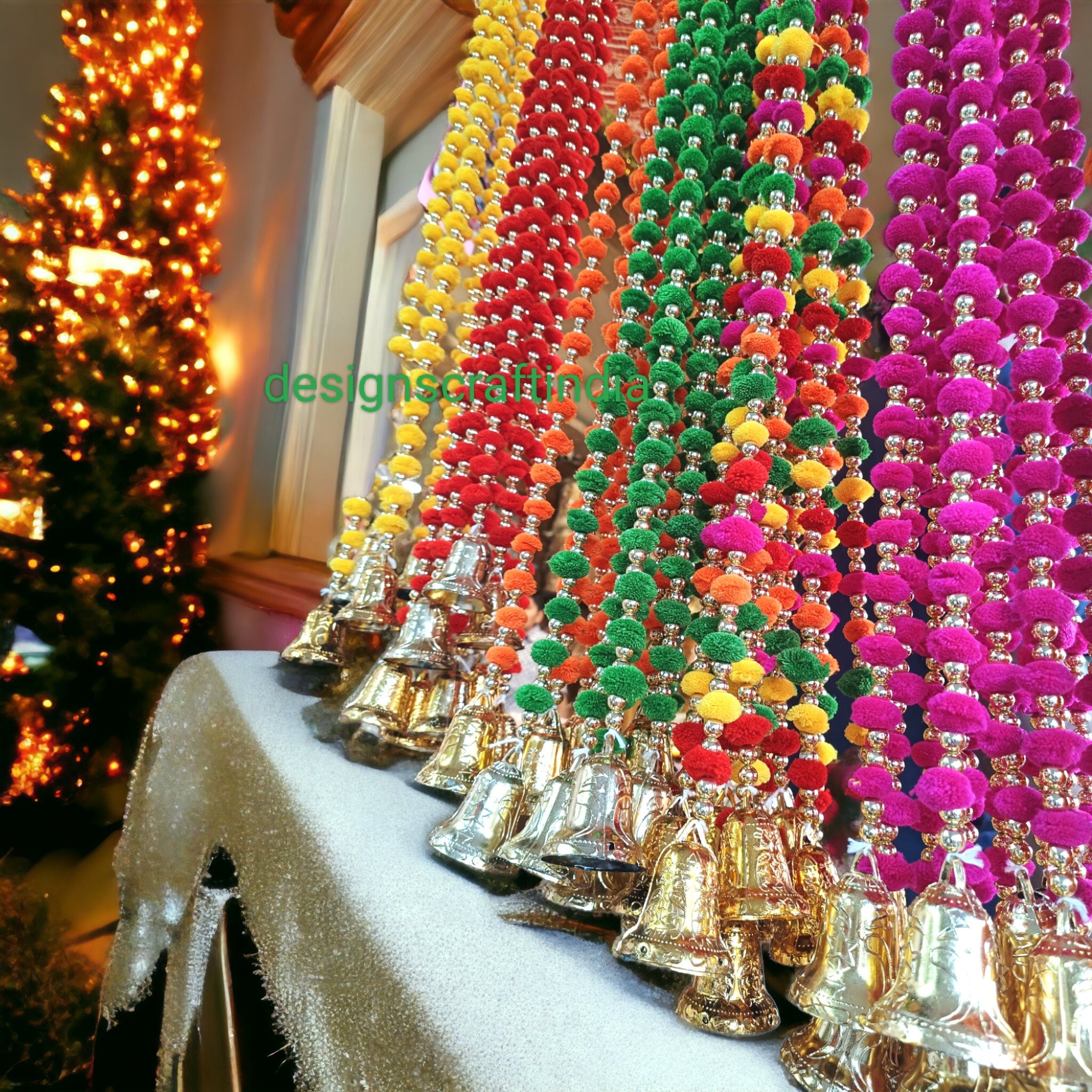 Farmhouse Christmas Pom Pom Garland, Red and Green Rustic Wood