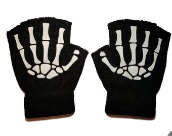 Black With White Skele Hand Print Fingerless Gloves