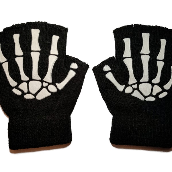 Black With White Skele Hand Print Fingerless Gloves