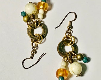 Vintage Beaded Circle Earrings - Antique Dangle Drop Minimalist Statement Earrings - Retro Earth Tone Ethnic Earrings