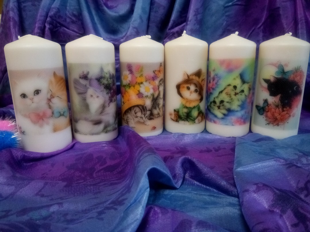 Lovely Kittens Cats Large Pillar Candles Hand Decorated Family Perfect