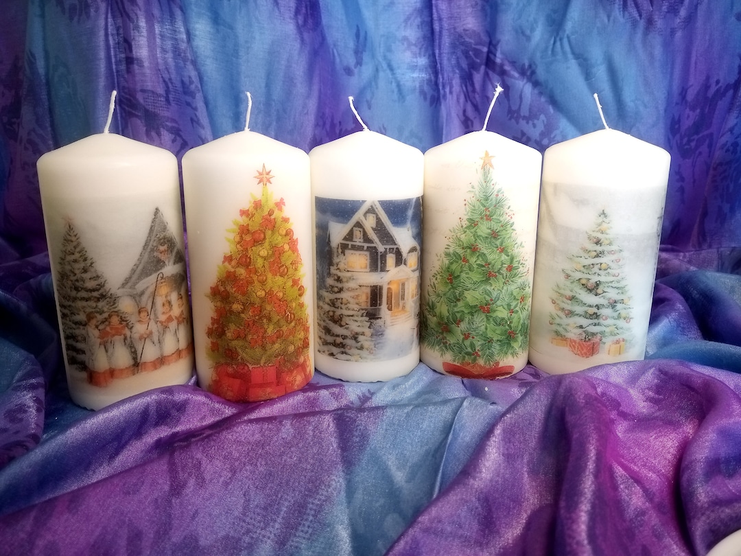 Christmas Tree Pillar Candles Hand Decorated Family Perfect Gift