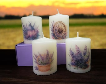 Decorative Candle Set of 4 Lavender-Themed Rustic Ideal for Home Decor Gifts Weddings Spa Relaxation Ambiance Design Countryside Charm