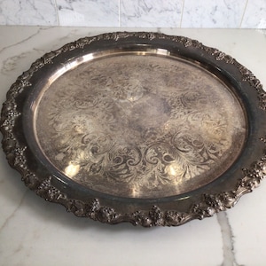 Vintage large ornate silver plated English round serving tray, Sheffield silver plated round platter, serving Tray