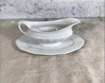 Vintage Bone China gravy boat with attached plate, gravy boat