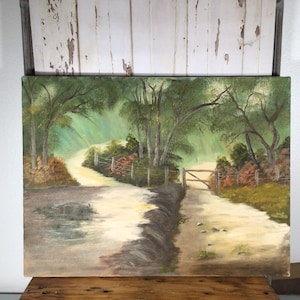 Vintage signed oil landscape on canvas, vintage painting, wall hanging