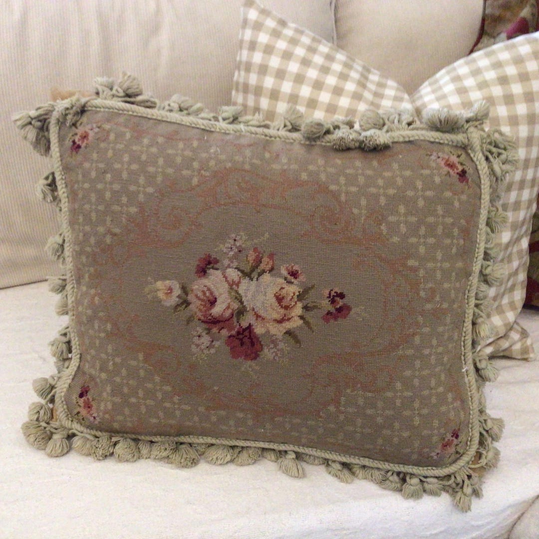 Antique Wool Needlepoint Floral French Throw Pillow, Pillows, Bedding ...