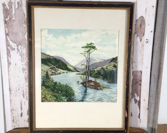 Vintage Kunst, signiertes Aquarell Landschaft, Wandbehang