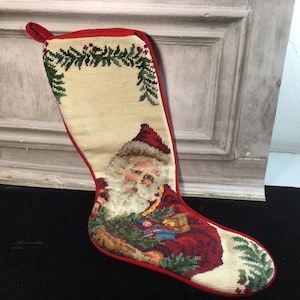vintage handmade needlepoint Santa stockings, seasonal decor, stockings