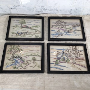 Vintage embroidered framed landscapes on linen, Fiber art, Hand embroidered art, wall hanging