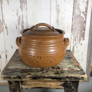Vintage hand thrown pottery Bean pot with lid, signed pottery