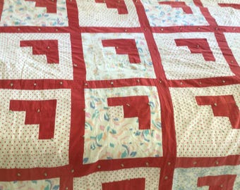 vintage machine sewn, hand ties log cabin quilt, handmade quilts, bedding, blankets and throws