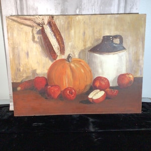 vintage signed still life on canvas, oil painting, wall hanging