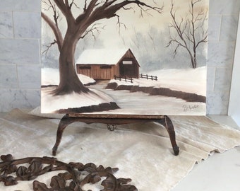 Vintage Gemälde auf Holzbrett, signierte Landschaft, Winterlandschaft, Wandbild